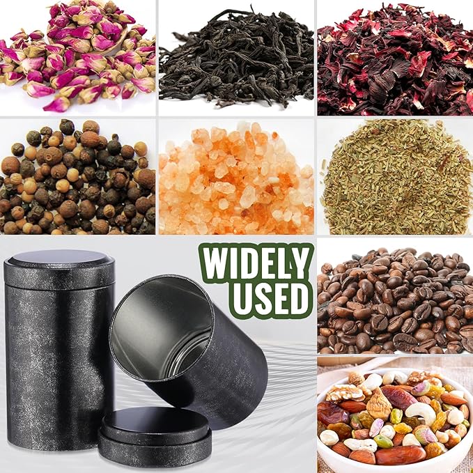 meekoo 18 Pcs Tea Tins Canister for Loose Tea 6 oz Airtight Tea Tins Bulk with Lids Metal Tea Jars Small Round Storage Containers for Travel Business Coffee Cans Candy Spices Herbs Kitchen(Black)