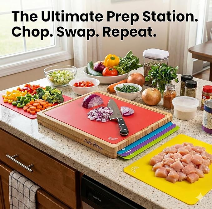 Cooler Kitchen Cutting Boards for Kitchen – Checkered Bamboo Cutting Board Set with 6 Color-Coded Flexible Chopping Mats, Easy Clean Wood and Dishwasher-Safe Plastic, Large 17×12, Knife-Friendly