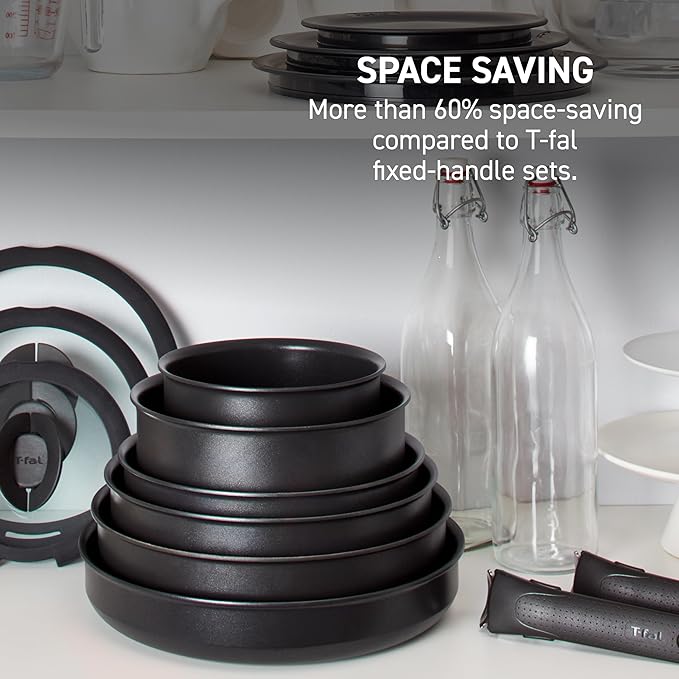 T-fal Ingenio Expertise Non Stick Cookware Set 14 Piece, Induction, Oven Broiler Safe 500F, Detachable/Removable Handle, Kitchen, Cookware, Pots and Pans, RV, Camping, Fry Pans, Dishwasher Safe, Gray