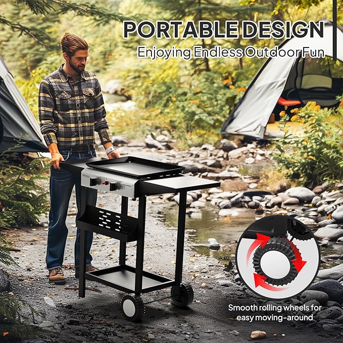 ROVSUN 2 Burner Portable Propane Griddle with Electronic Ignition, 20000 BTU Rolling Flat Top Gas Grill with Nonstick Enameled Tray, Side Shelves & Regulator for Outdoor Cooking Camping BBQ Tailgating