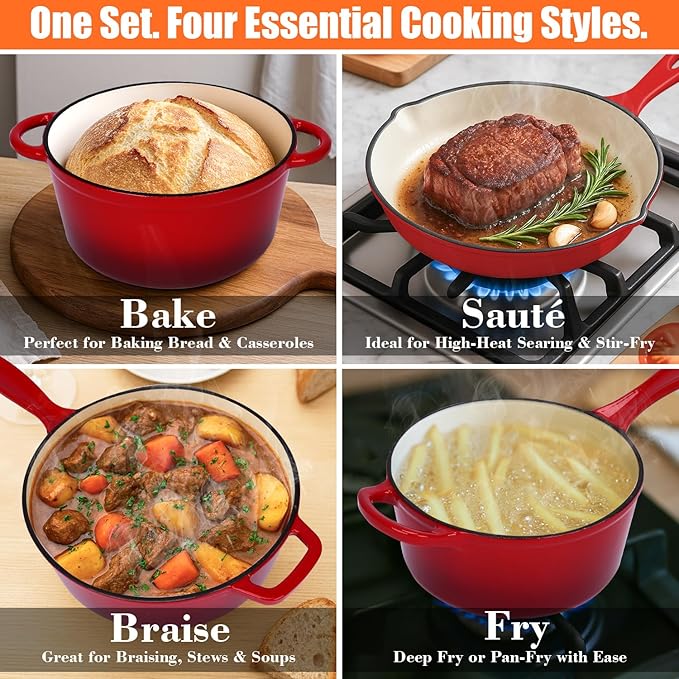 QuliMetal Nonstick Enameled Cast Iron Cookware Set, 5 Pcs Pots and Pans with Lid, Skillet, Frying Pan, Saucepan & Dutch Oven for All Stovetops, PFA Free - Ideal for Sourdough Bread Baking