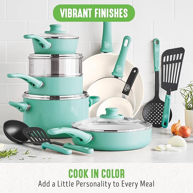 GreenLife Soft Grip Healthy Ceramic Nonstick, 15 Piece Cookware Pots and Pans Set, Induction, PFAS-Free, Dishwasher Safe, Turquoise