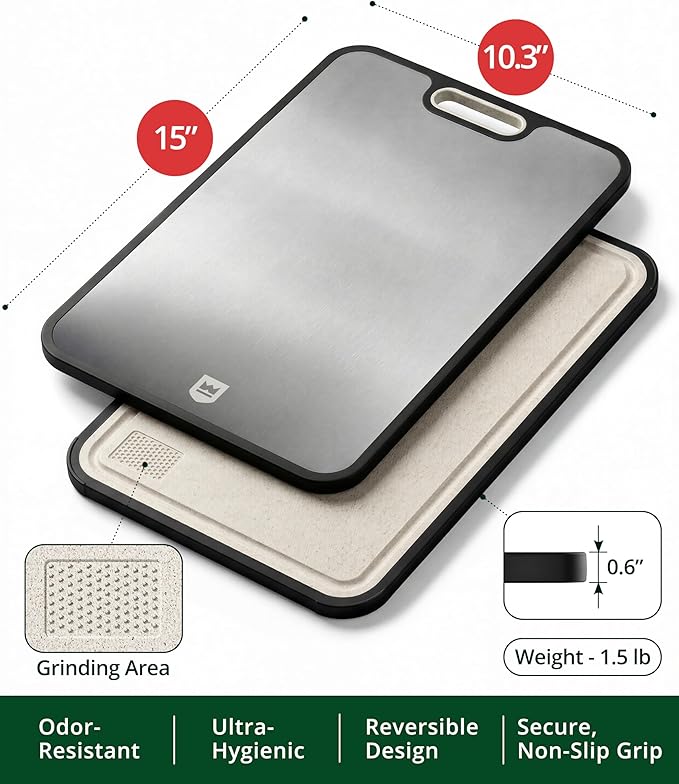 Titanium Cutting Board for Kitchen, Double Sided 100% Pure Titanium & PP Cutting Board with Deep Juice Groove, Metal Chopping Board, Easy to Clean Large Durable Cutting Board for Meat (15" x 10.3")