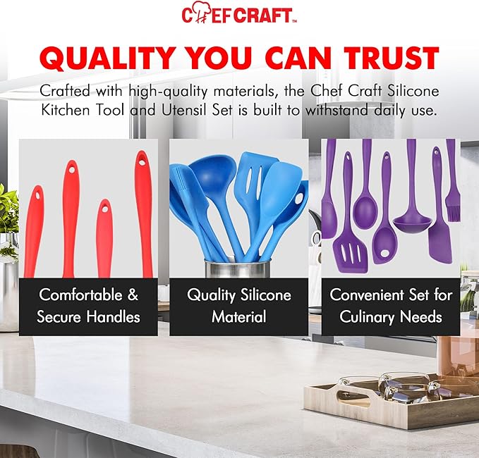 Chef Craft - Premium Silicone Kitchen Tools and Utensils Set, Non-Scratch, Withstands Temperatures up to 450°F, BPA-Free, 7 Piece Cooking Utensils Set, Pastel Blue