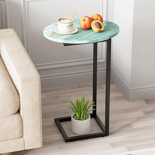C Shaped End Side Table, Small Oval Couch Sofa Table for Bed, Snack Side Table with Metal Frame, TV Tray Table with White Marble for Small Space, Living Room, Bedroom, Bedside(Sea Blue)