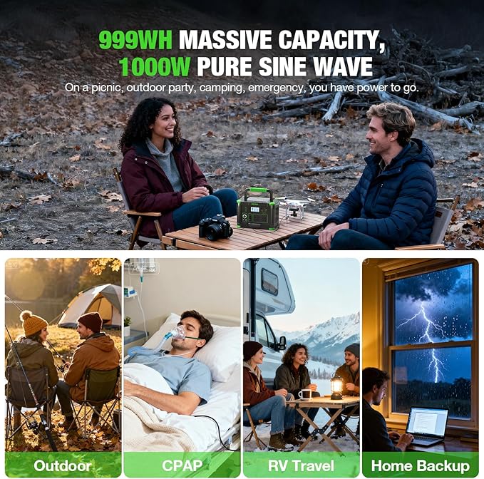 Portable Power Station 1000W (Peak 2000W), 999Wh Solar Generator, 110V Pure Sine Wave AC Outlet with PD 60W USB-C Fast Charging, Outdoor Camping RV Van Home Backup Off-Grid Living