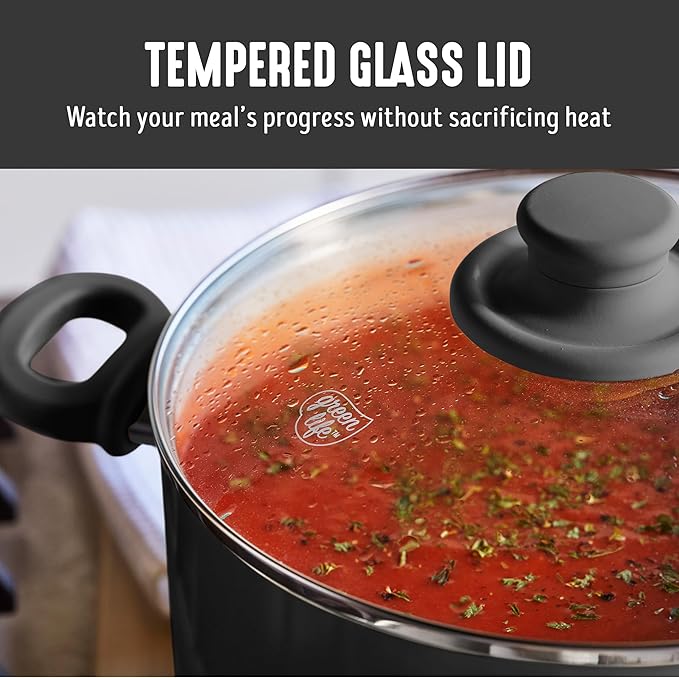 GreenLife 16 Piece Nonstick Cookware Set, Soft Grip Non-Toxic PFAS-Free Ceramic Pots & Pans, Dishwasher & Oven Safe, Frying, Sauce, Utensils, Glass Lids, Stay-Cool Handles, Wobble Free, Black & Cream