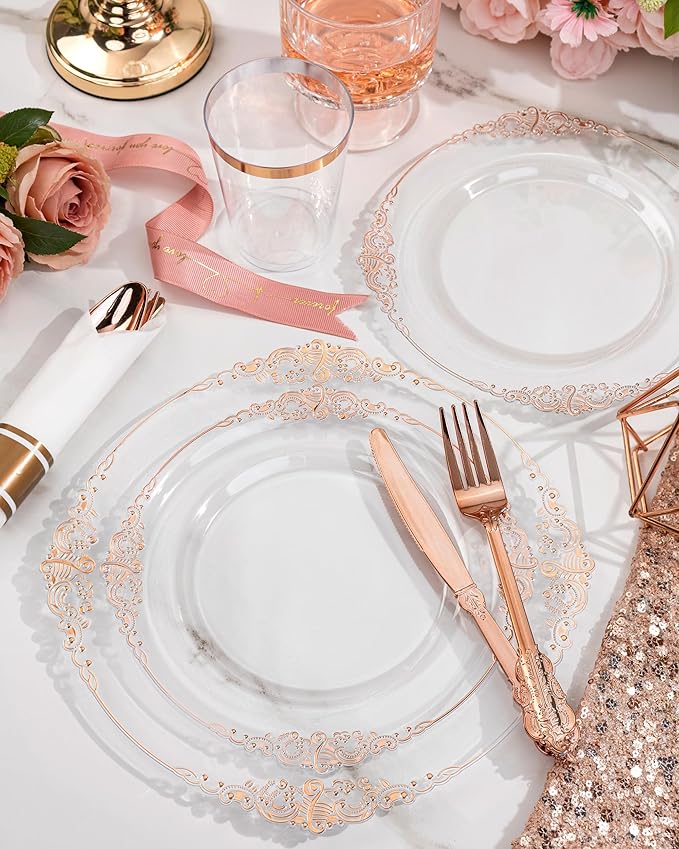 Nervure 350PCS Rose Gold Plastic Plates - Rose Gold Plastic Dinnerware Sets for 50 Guests - 100 Disposable Plates, 150 Silverware, 50 Cups, 50 Napkins Perfect for Wedding & Party & Mothers Day