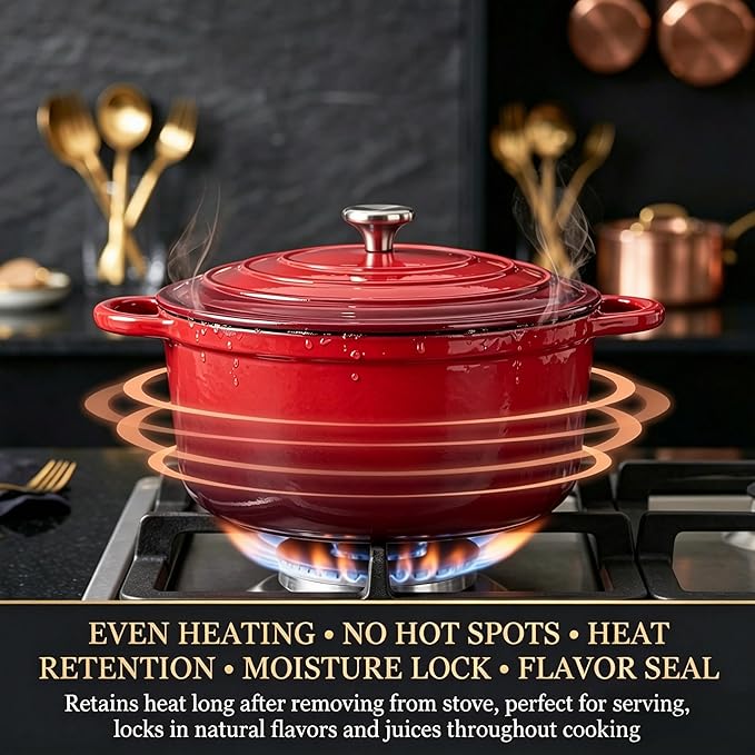 QuliMetal Enameled Cast Iron Cookware Set, 4-Piece Pots and Pans Set with Lids, 10.25" Skillet, 2QT Saucepan, 2.8QT & 4.8QT Dutch Ovens, Oven Safe to 500°F, All Stovetops Compatible - Rouge Red