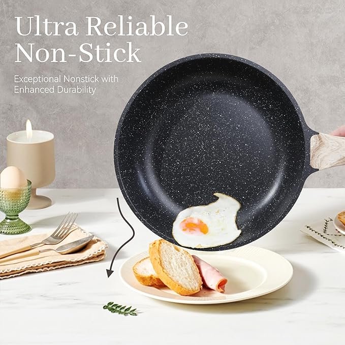 23Pcs Pots and Pans Set Non Stick, Kitchen Cookware Sets, Granite Induction Cookware Non Stick Cooking Set w/Frying Pans, Saucepans, Griddle, EggPan (Black)