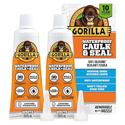 Gorilla 100% Silicone Caulk, Waterproof Sealant, 2.8oz Squeeze Tube (Pack of 2) – White -10 Year Mold Resistant Kitchen, Window, Bath, Marine, Door and More
