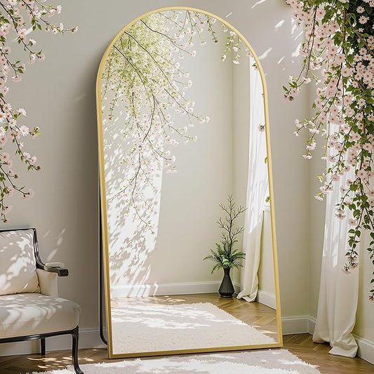 DUMOS Arched Full Length Mirror with Stand 71"x26" Floor Standing Aluminum Frame for Bedroom Body Hanging Leaning Modern Simple Home Decor Shatter-proorf Nano Glass Wall Living Room Cloakroom Gold