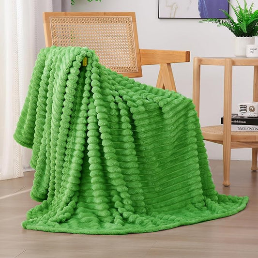 Bright Green Fleece Throw Blanket 50”×60” for Couch Sofa Bed,Super Soft Cozy Plush Microfiber Flannel Blanket with Stripes Design Lightweight for Adults,Woman,Girls