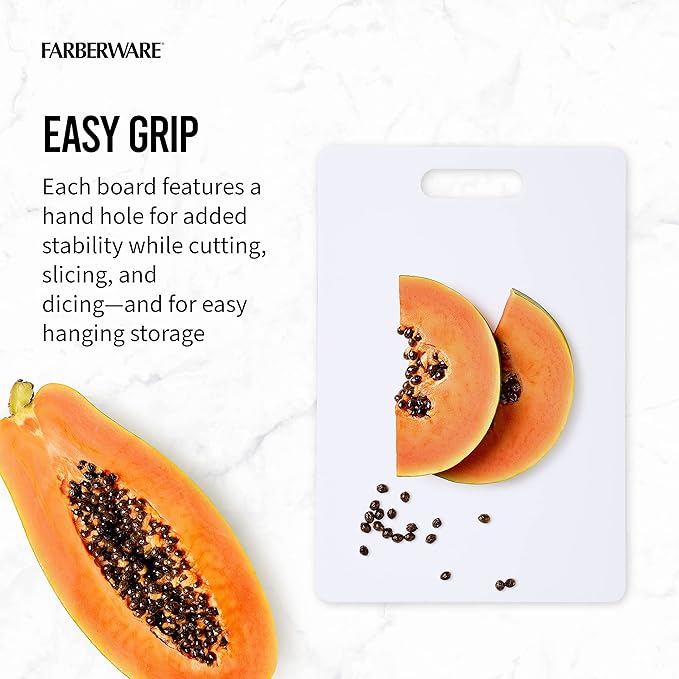 Farberware Plastic Cutting Board Set, Dishwasher- Safe Poly Chopping Board for Kitchen with Easy Grip Handles, Set of 3, White