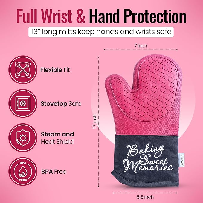 Mitts - Long Slip Resistant Pot Holders - Silicone Oven Mitts - Baking Gloves for Oven - Perfect for Baking, BBQ, Cooking, and Grilling, Oven Mitts Set of 2, 7''x13'' (Burgundy)