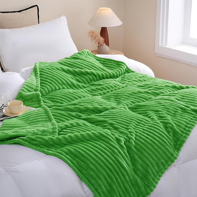 Bright Green Fleece Throw Blanket 50”×60” for Couch Sofa Bed,Super Soft Cozy Plush Microfiber Flannel Blanket with Stripes Design Lightweight for Adults,Woman,Girls