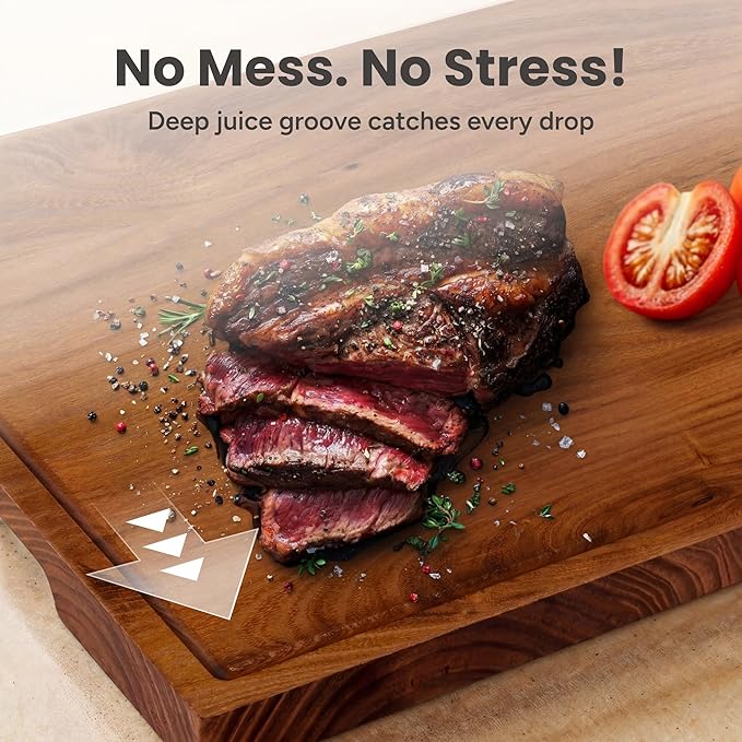 SMIRLY Wood Cutting Boards for Kitchen Wooden Chopping Board Set Reversible with Deep Juice Grooves Grip Handles, Large Charcuterie Tray, Ideal for Chopping Meat Vegetables Teak Wood, 3Pcs with Holder