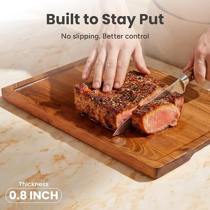 SMIRLY Wood Cutting Boards for Kitchen Wooden Chopping Board Set Reversible with Deep Juice Grooves Grip Handles, Large Charcuterie Tray, Ideal for Chopping Meat Vegetables Teak Wood, 3Pcs with Holder