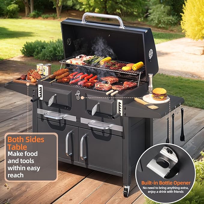 MELLCOM 36 In Large Charcoal Grills - 620 Sq.In Oversized BBQ Area with Storage Cabinet & Individual Lifting Charcoal Trays, Foldable Side Tables and Thermometer for Outdoor, Patio, Balcony