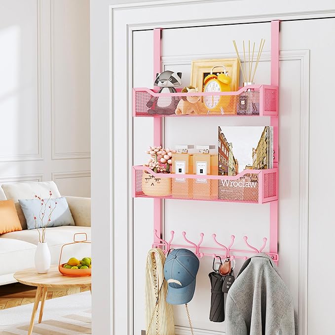SWTYMIKI Over The Door Hooks Organizer - Multi-Functional Door Hanger with 16 Hooks & 2 Mesh Baskets, Long Coat Rack for Bathroom, Bedroom, Living Room, Home Storage Organizer, Pink