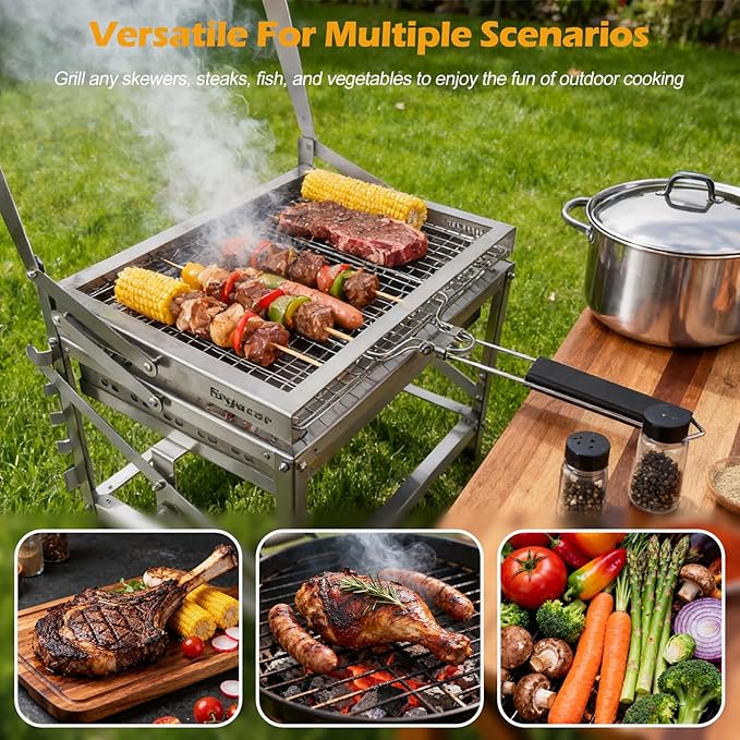 Ergocar Charcoal Grill Outdoor Multi-Function Portable Rotatable Adjustable Height 4-Tier Charcoal Tray Ideal For Outdoor Smoking, Picnics, Camping Barbecues