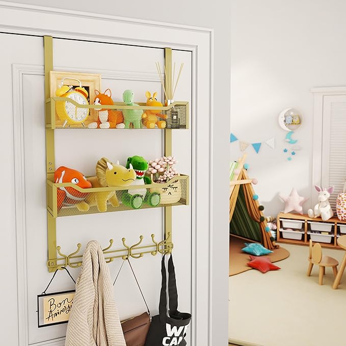 SWTYMIKI Over The Door Hooks Organizer - Multi-Functional Door Hanger with 16 Hooks & 2 Mesh Baskets, Long Coat Rack for Bathroom, Bedroom, Living Room, Home Storage Organizer, Gold