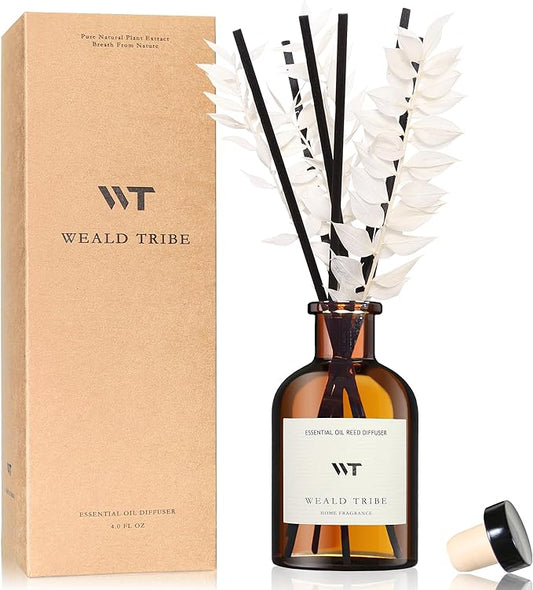 WEALD TRIBE Reed Diffuser Set for Bathroom Air Fresheners, Oil Diffuser Sticks | White Tea Scent 4.0 fl oz Home Fragrance with Sticks Defusers | House Bedroom Office Shelf Decor