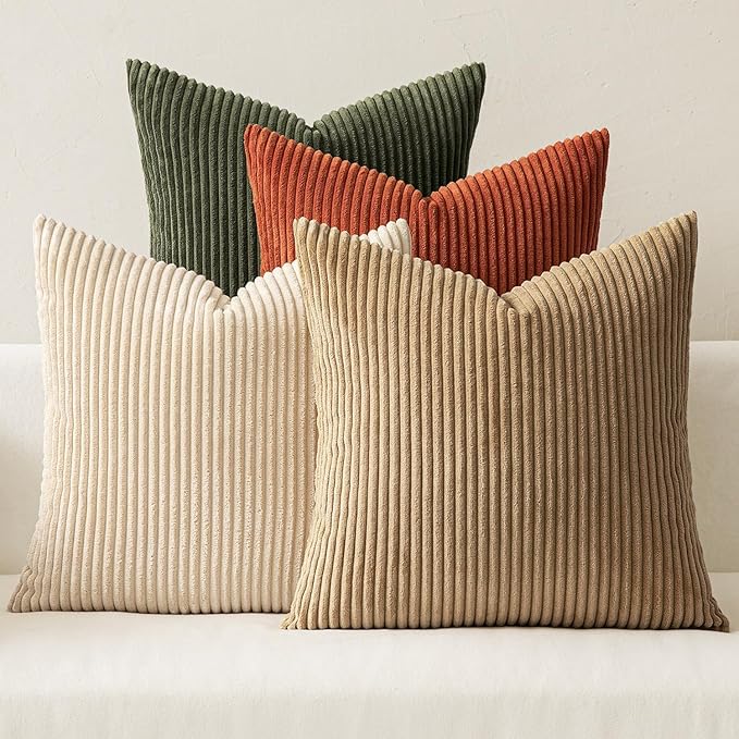 MIULEE Boho Farmhouse Throw Pillow Covers 24x24 Inch Set of 4 Mordern Rust-Olive Green Cushion Covers Soft Corduroy Nordic Home Decor for Spring Couch Bed Sofa Living Room
