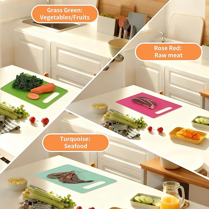 Luckyiren Kitchen Cutting Board Set of 6, Plastic Cutting Boards with Easy Grip Handle for Kitchen Cooking, Non Slip Cutting Mat Pad for Meat, Fruit, Vegetables, 12 Inch by 8 Inch