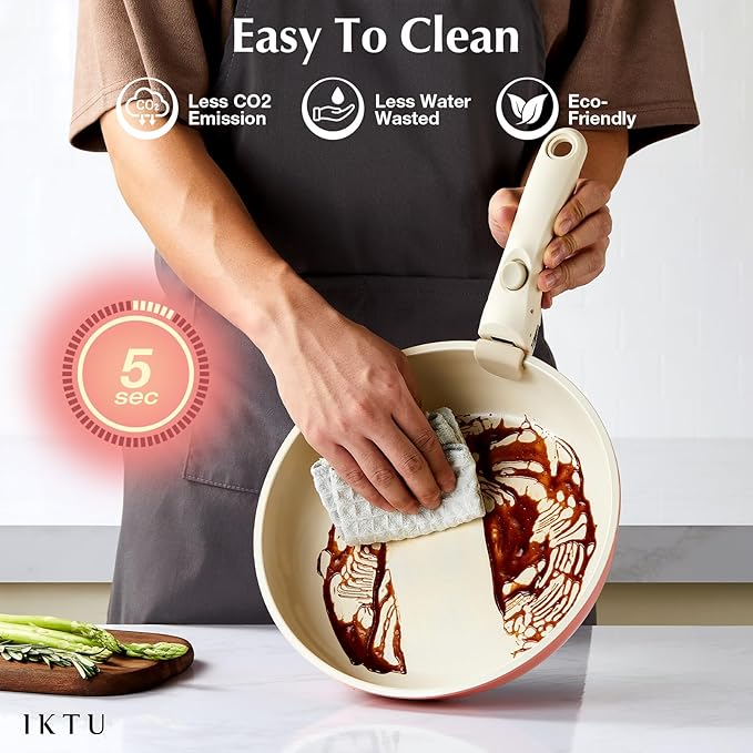 IKTU Ceramic Pots and Pans Set Non Stick Pink, 8 Pcs Nonstick Cookware Set with Detachable Handle RV Camping Induction Kitchen Cookware Set Non Stick, PFAS PFOA & PTFE Free
