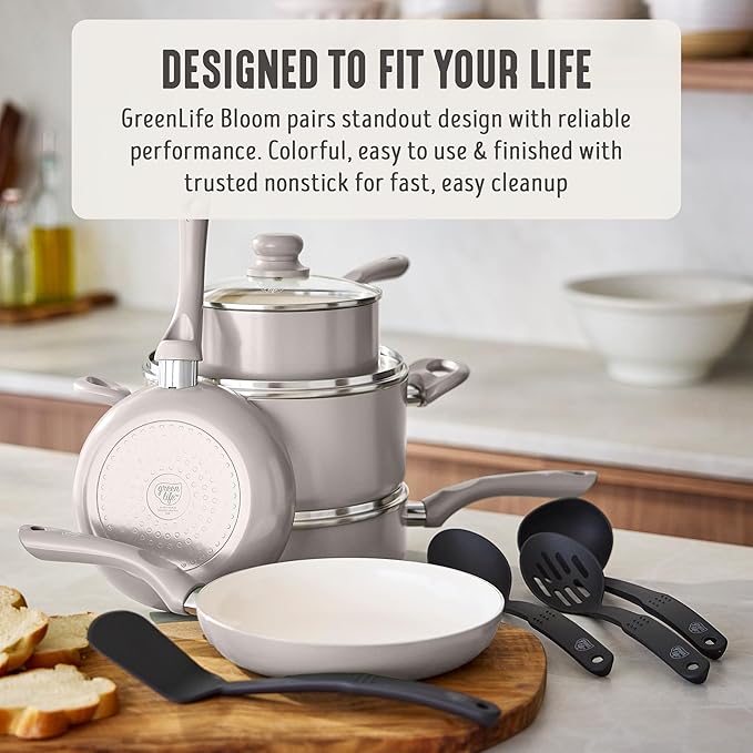 GreenLife 16-Piece Nonstick Cookware Set, Non-Toxic Ceramic Pots and Pans Set, Durable Healthy Kitchen Essentials, Fast Heating, Induction Ready, Easy Clean Dishwasher Safe, PFAS-Free, Light Gray