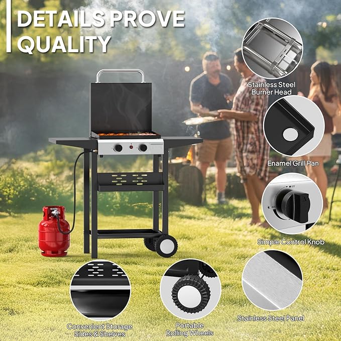 Bonnlo 20000BTU Propane Griddle with Lid and Ignition, Standing Flat Top Gas Grill with Portable Rolling Wheels and Storage Shelf, 2 Burner Camping Cooker for Patio Backyard Outdoor Cooking BBQ