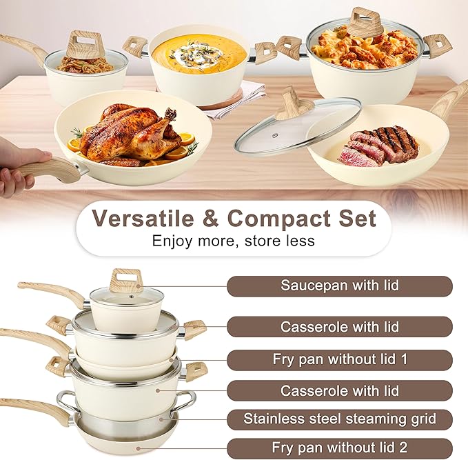 FAB&DELUXE 11Pcs Nonstick Cookware Set, Aluminum Nonstick Pots and Pans with Lids & Wooden Handles, Silicone Spoons & Spatulas, Non-toxic Healthy Kitchen Cooking Sets, PFAS & PFOA Free
