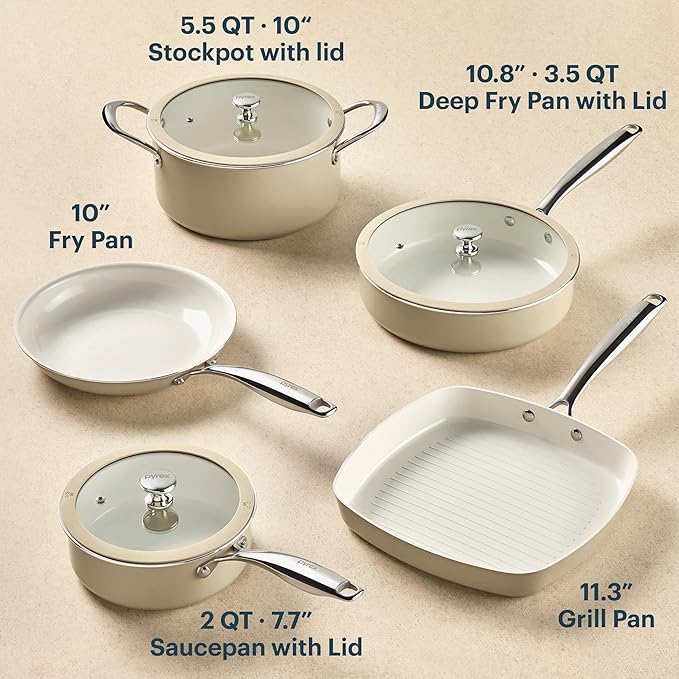 Pyrex 8-Piece Ceramic Cookware Set, Pots and Pans with Lids & Stainless Steel Handles, Healthy Nonstick Ceramic Coating, Induction Compatible Stainless Steel, PFAS Lead Cadmium BPA Free