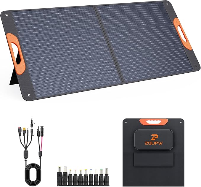 ZOUPW 110 Watt Portable Solar Panel for Jackery Explorer 300/500/Ecoflow/Anker Solix/Bluetti, Foldable Monocrystalline Solar Charger IP67 Waterproof Offgrid Power for Camping RV Battery Backup