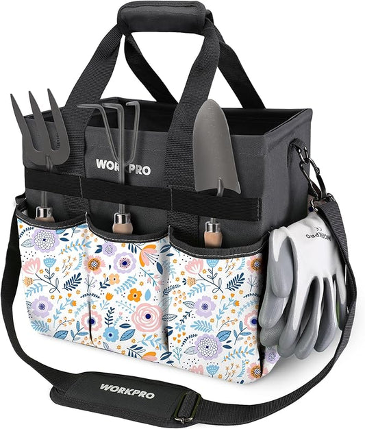 WORKPRO Garden Tool Bag, Heavy-Duty Gardening Tote Bag with 10 Pockets, Stand-Up Wide Mouth Tool Organizer, Adjustable Shoulder Strap, Large Capacity Storage – Floral White (Tools Not Included)
