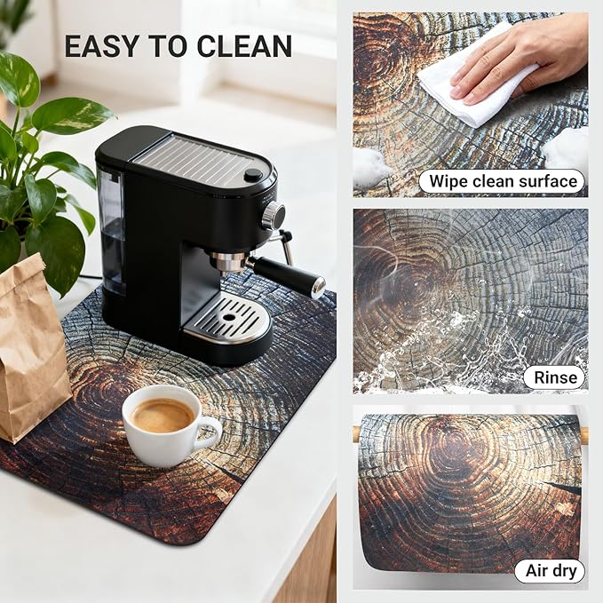 Coffee Mat 19x12 Inch, Wood Grain Coffee Drip Mat, Absorbent Hide Stain Rubber Backed Dish Drying Mat for Kitchen Counter, Bar Mats for Countertops, Under Coffee Bar Maker Machine Pot Espresso Staion