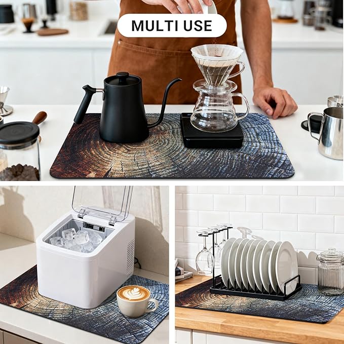 Coffee Mat 19x12 Inch, Wood Grain Coffee Drip Mat, Absorbent Hide Stain Rubber Backed Dish Drying Mat for Kitchen Counter, Bar Mats for Countertops, Under Coffee Bar Maker Machine Pot Espresso Staion