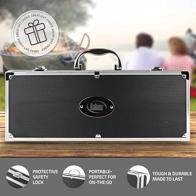 Kaluns Grilling Accessories, Dad Gifts for Fathers Day, Mothers Day Grilling Gifts, Heavy Duty Stainless Steel BBQ Tool Set for Outdoor Grill with Aluminum Case and Apron, Birthday Gifts for Men