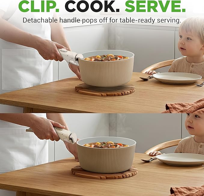 NutriChef 18-Piece Ceramic Cookware Set with Detachable Handles, Non Stick Pots and Pans, PTFE-Free Natural Ceramic Coating, Space-Saving Design, Oven & Stove Safe, Includes Utensils, Cream