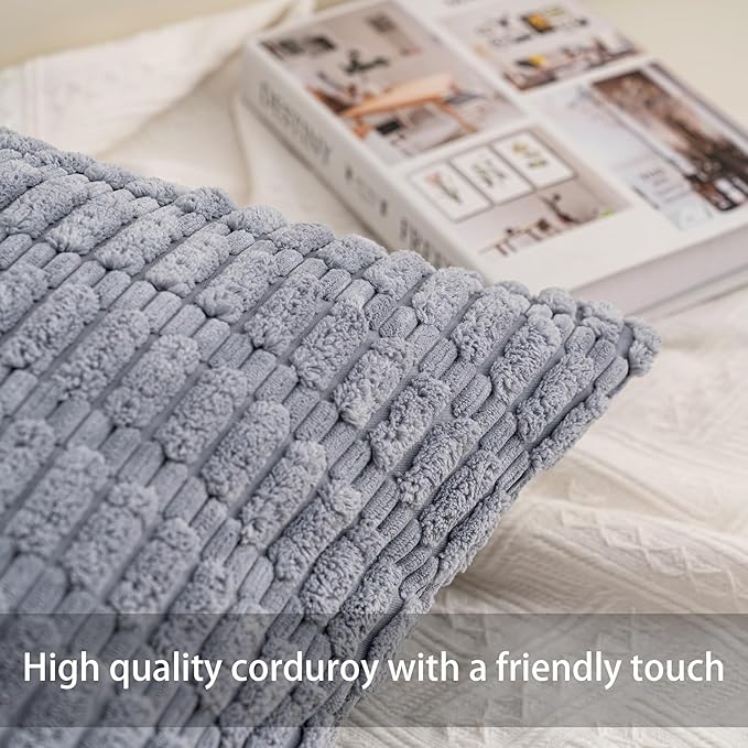 Pack of 2 Corduroy Decorative Throw Pillow Covers 22x22 Inch Soft Striped Pillow Covers Modern Farmhouse Home Decor for Sofa Living Room Couch Bed（Light Grey）