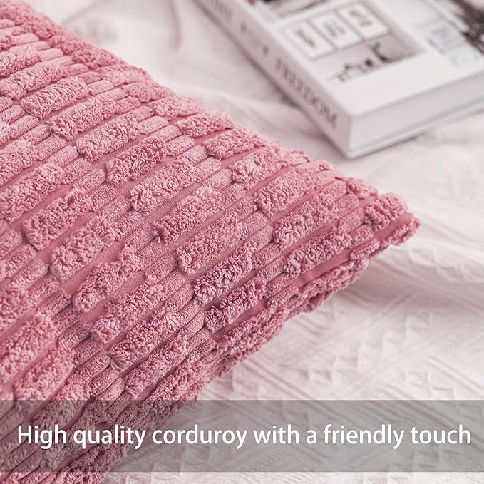 Pack of 2 Corduroy Decorative Throw Pillow Covers 20x20 Inch Soft Striped Pillow Covers Modern Farmhouse Home Decor for Sofa Living Room Couch Bed（Pink）