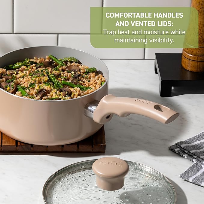 T-Fal Refresh Ceramic Nonstick Cookware Set, 12-Piece Nonstick Cookware, Oven Safe to 350°F, Stockpot, Griddle, Frying Pans, Utensils, Ceramic Pots and Pans Set, Blue