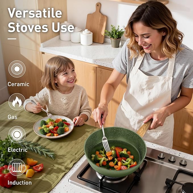 DishDelight Green Induction Pots and Pans Set, 12 Piece Cooking Pot and Pan Set Nonstick, Granite Kitchen Cookware Set Non Toxic, PFOA&PFOS Free