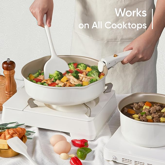 CAROTE 19 Pcs Pots and Pans Set, Nonstick Cookware Sets with Detachable Handle, Titanium Reinforced, Oven Safe, Cookware Non Stick Cooking Set w/Frying Pans & Saucepans White(PFOS, PFOA Free)