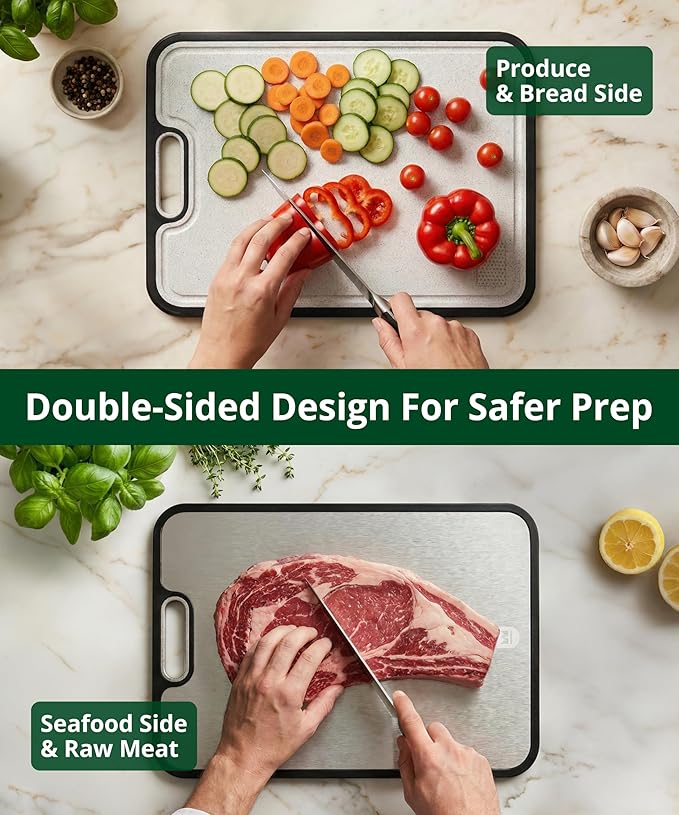 Titanium Cutting Board for Kitchen, Double Sided 100% Pure Titanium & PP Cutting Board with Deep Juice Groove, Metal Chopping Board, Easy to Clean Large Durable Cutting Board for Meat (15" x 10.3")