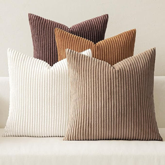 MIULEE Boho Farmhouse Throw Pillow Covers 18x18 Inch Set of 4 Rustic Mordern Neutral Cushion Covers Soft Corduroy Nordic Home Decor for Couch Bed Sofa Living Room Brown