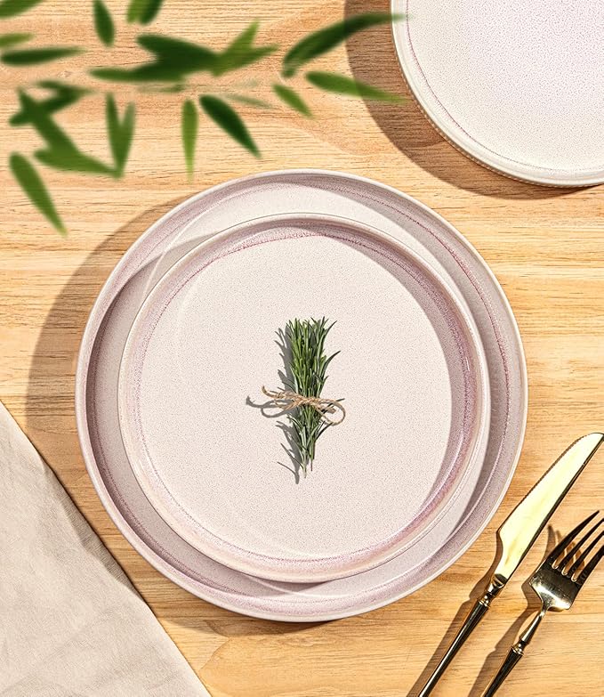 TheTerra Ceramic Dinnerware Sets for 8, 24 Pieces Porcelain Lightweight Plates and Bowls Sets, Scratch Resistant Dish Set, Oven & Microwave & Dishwasher Safe, Primrose Pink