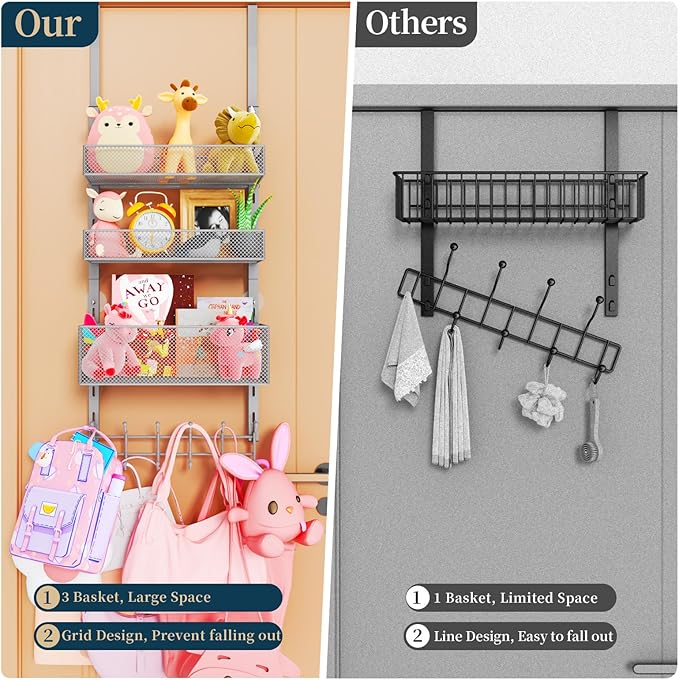 Consumest Over The Door Hooks Organizer - 4 Tier Door Coat Rack with 3 Baskets and 12 Hooks, Stainless Steel Towel Hanger for Bedroom, Bathroom, Living Room, Silver