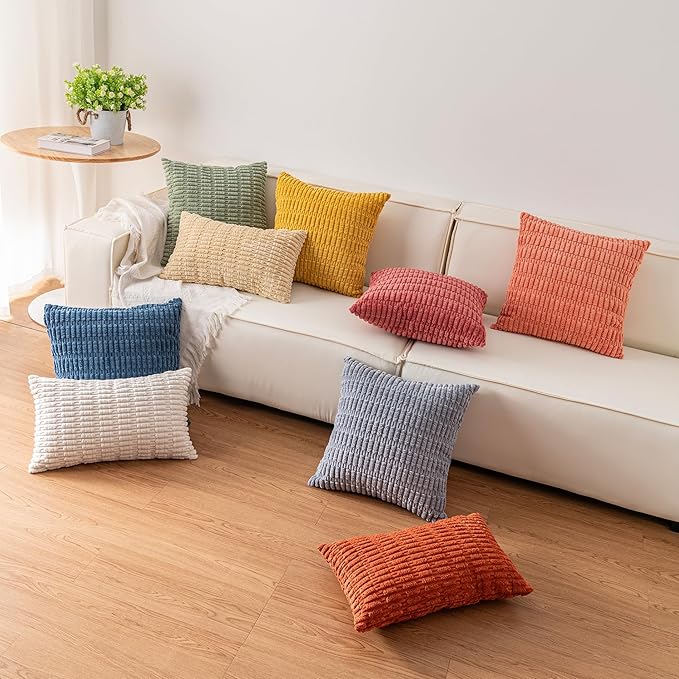 Pack of 2 Corduroy Decorative Throw Pillow Covers 22x22 Inch Soft Striped Pillow Covers Modern Farmhouse Home Decor for Sofa Living Room Couch Bed（Light Grey）